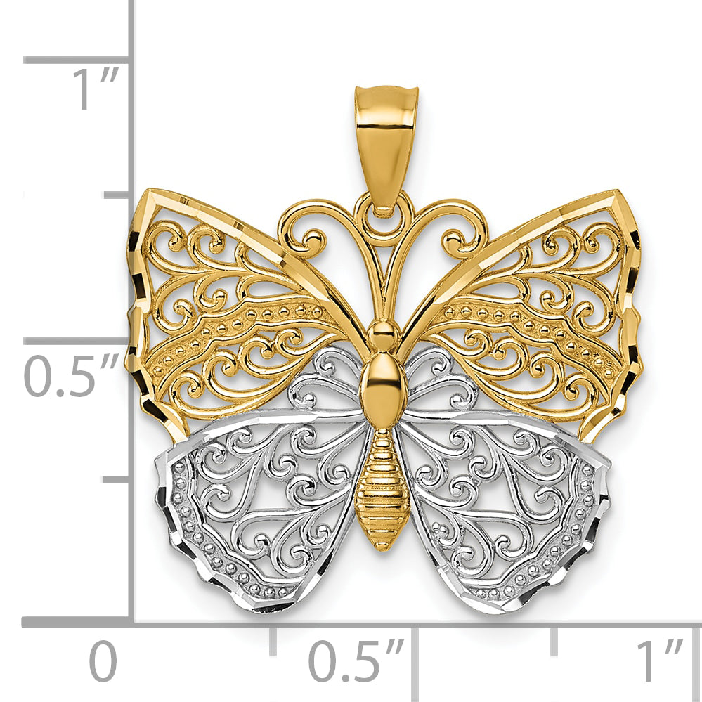 14k Two Tone Gold Textured Fancy Filigree Butterfly Pendant