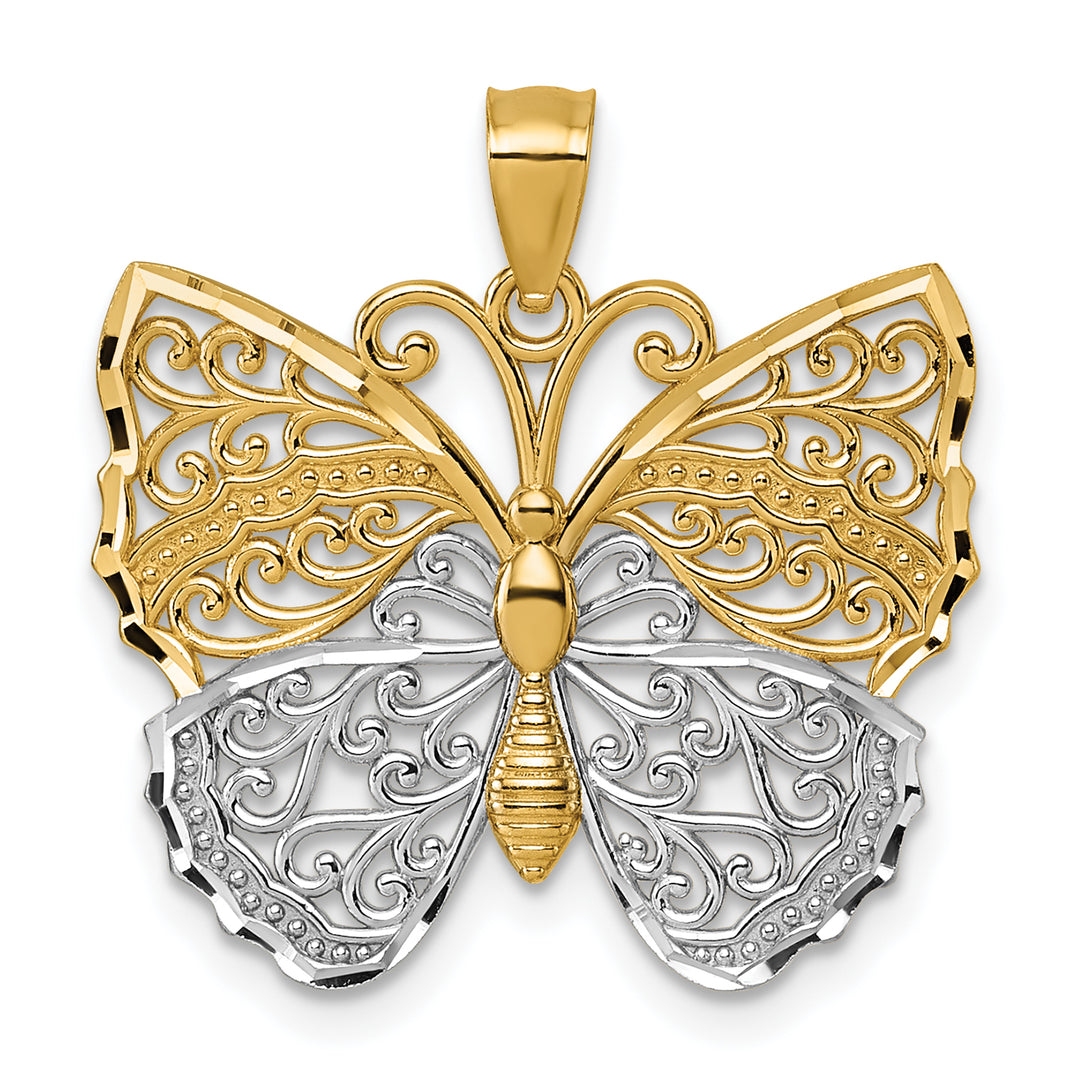 14k Two Tone Gold Textured Fancy Filigree Butterfly Pendant
