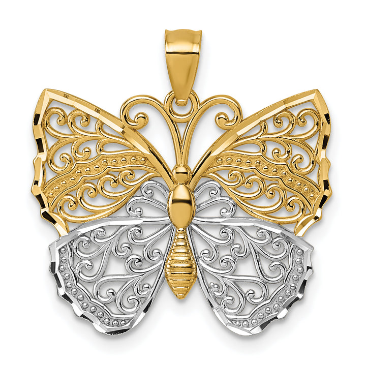 14k Two Tone Gold Textured Fancy Filigree Butterfly Pendant