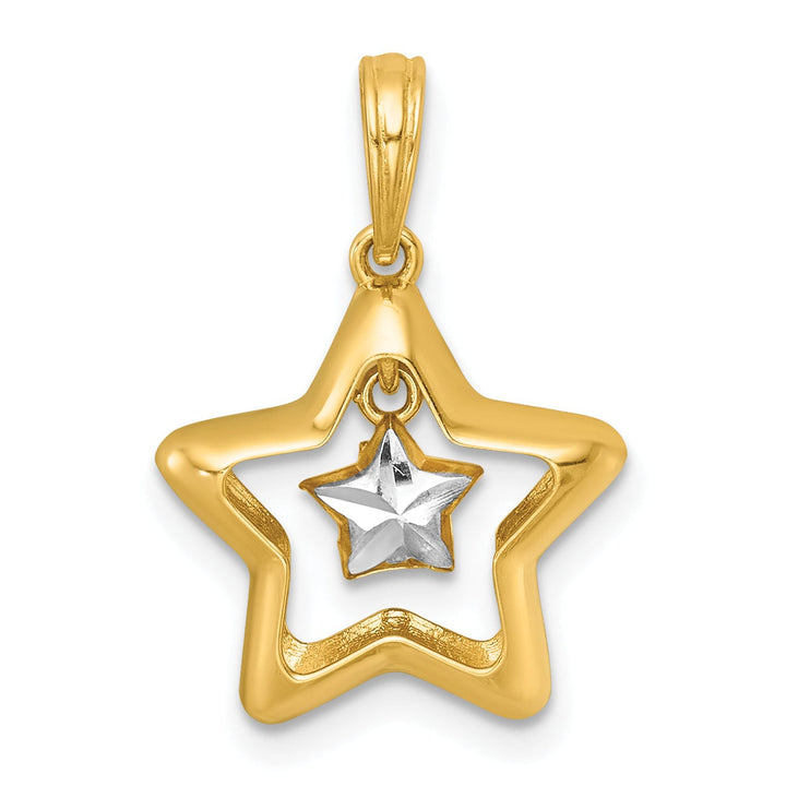 14k Two Tone Gold Polished Star In Star Dangle Pendant