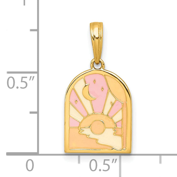 14k Yellow Gold Multi Color Enamel Sunset and Moon Pendant