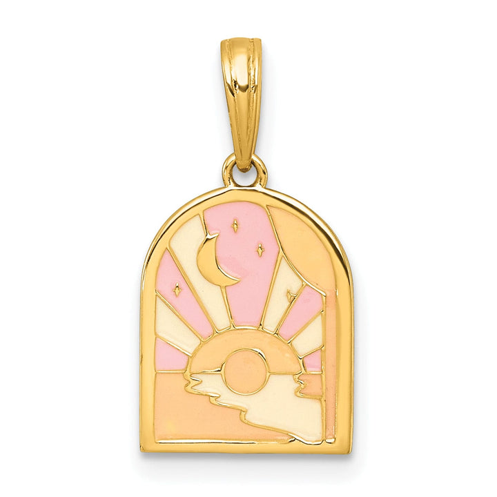 14k Yellow Gold Multi Color Enamel Sunset and Moon Pendant