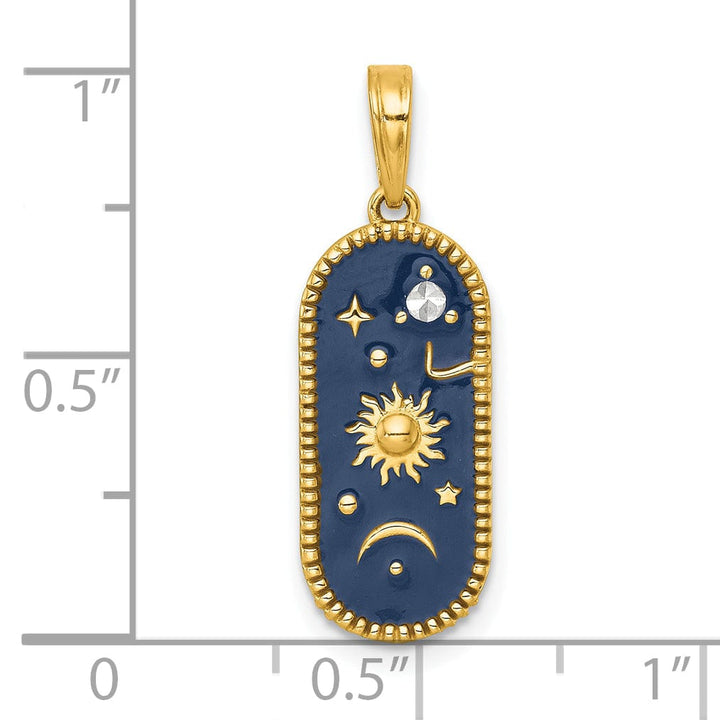 14k Yellow Gold Polished Blue Enamel Sun Moon and Stars Pendant