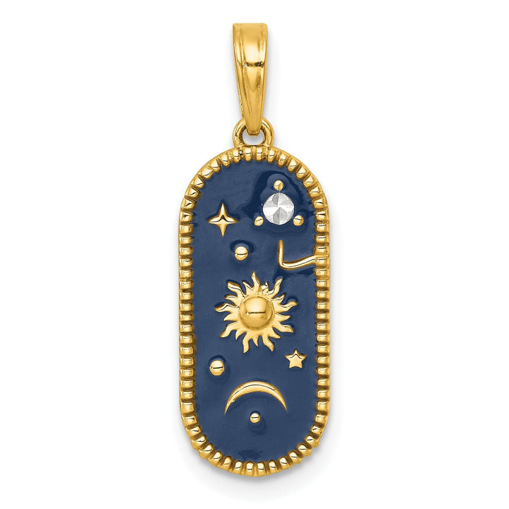 14k Yellow Gold Polished Blue Enamel Sun Moon and Stars Pendant