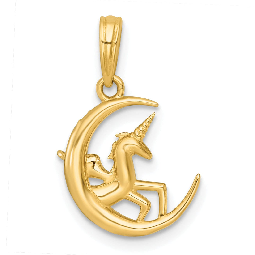14k Two Tone Gold Polished Unicorn In Moon Design Pendant