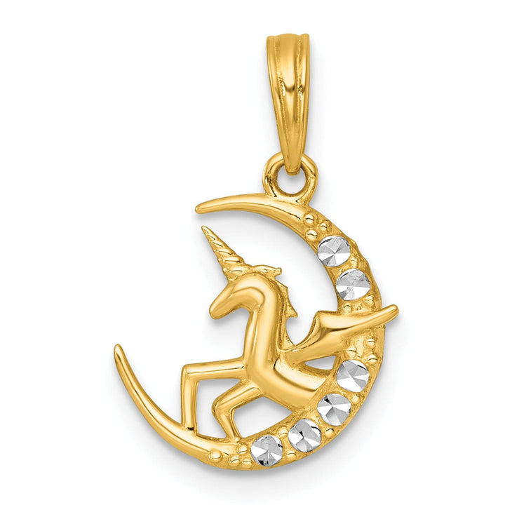 14k Two Tone Gold Polished Unicorn In Moon Design Pendant