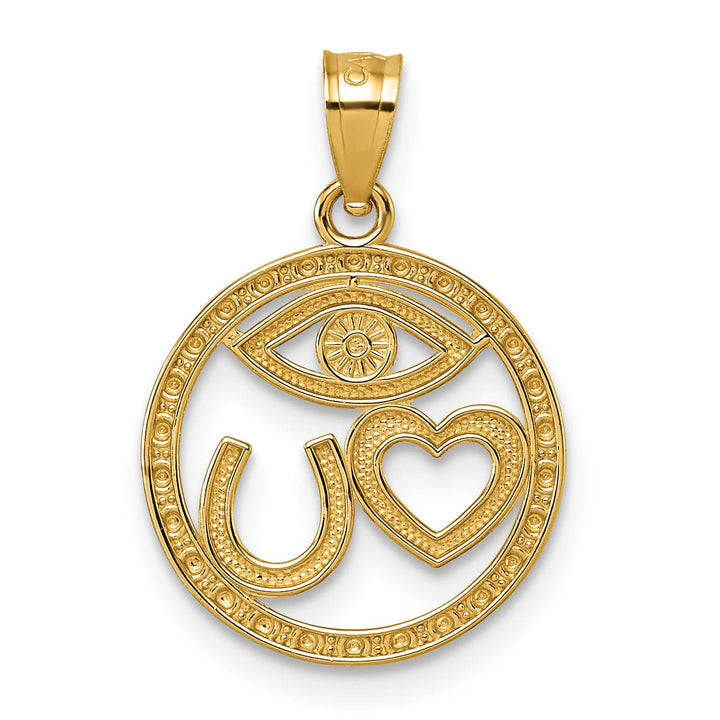 14k Yellow Gold Heart/Evil Eye/Horseshoe In Circle Pendant
