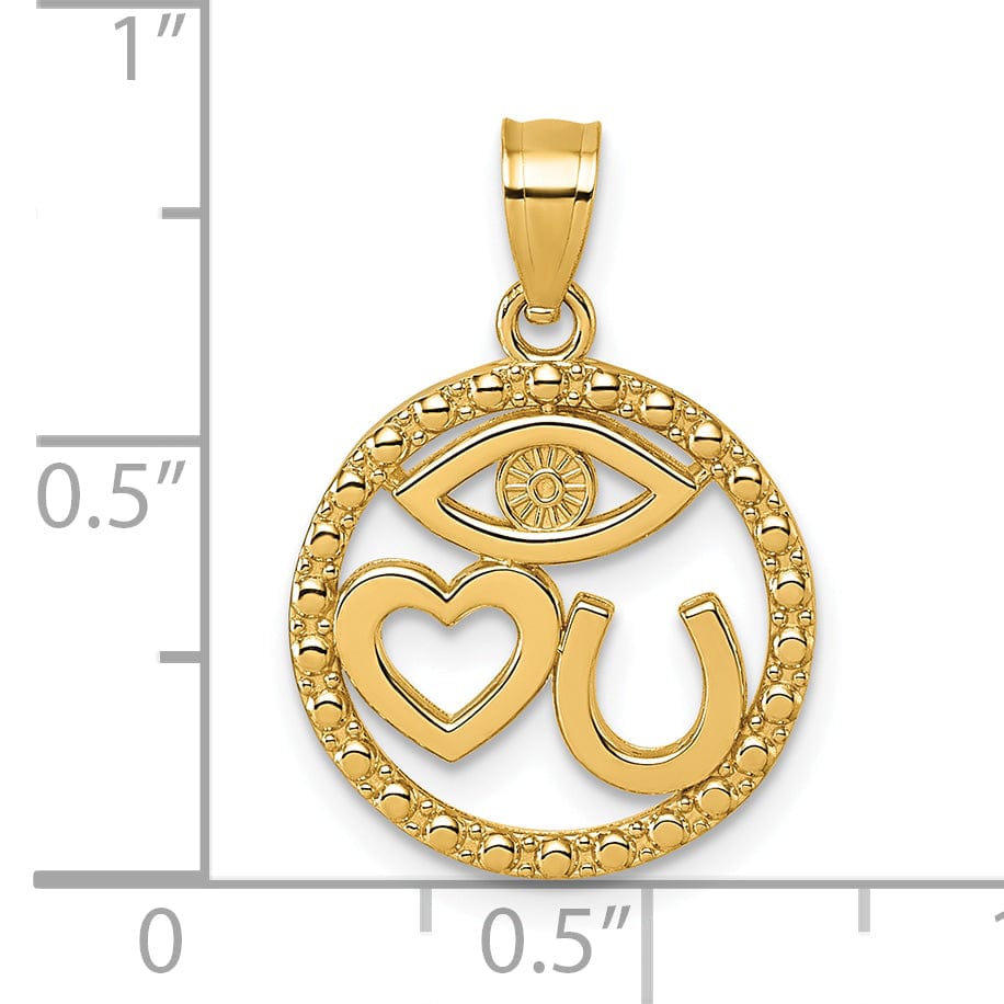 14k Yellow Gold Heart/Evil Eye/Horseshoe In Circle Pendant