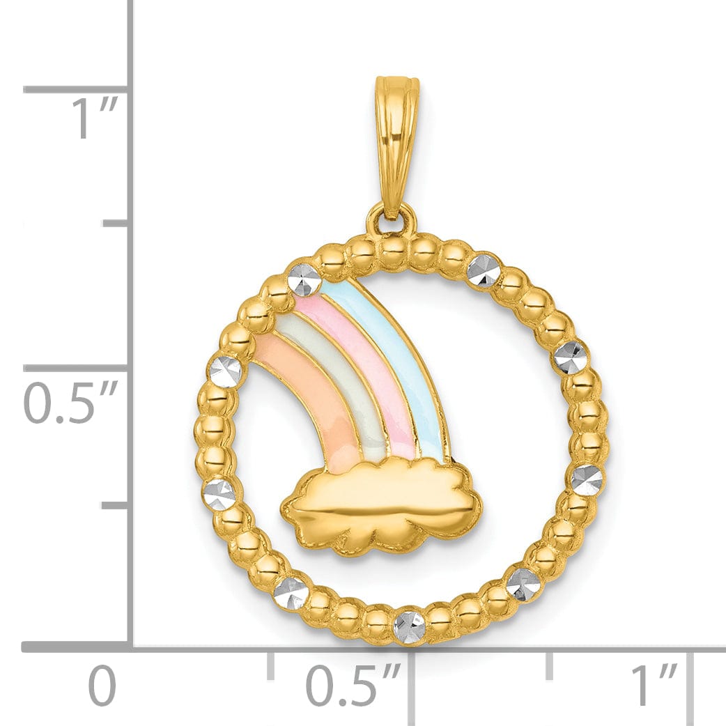 14k Two Tone Gold Multi Color Rainbow, Cloud in Circle Pendant