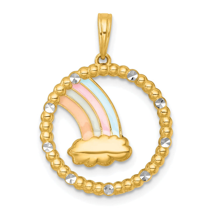 14k Two Tone Gold Multi Color Rainbow, Cloud in Circle Pendant
