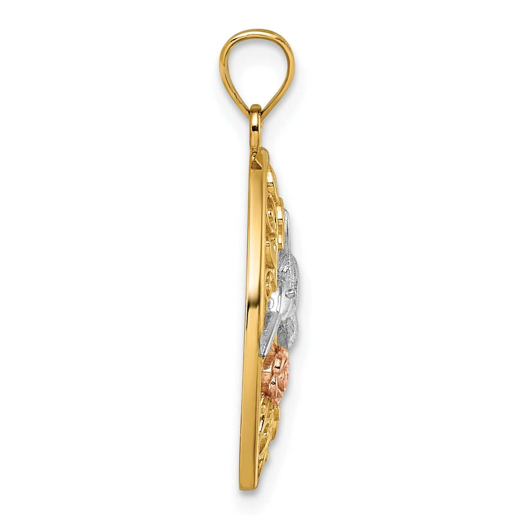 14k TI-Color Gold Hummingbird Flower Filigree Oval Pendant