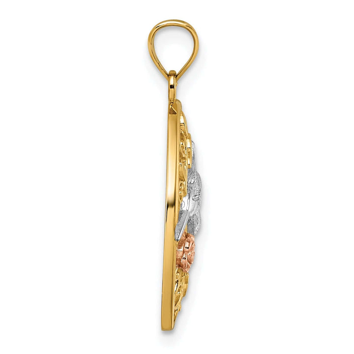 14k TI-Color Gold Hummingbird Flower Filigree Oval Pendant