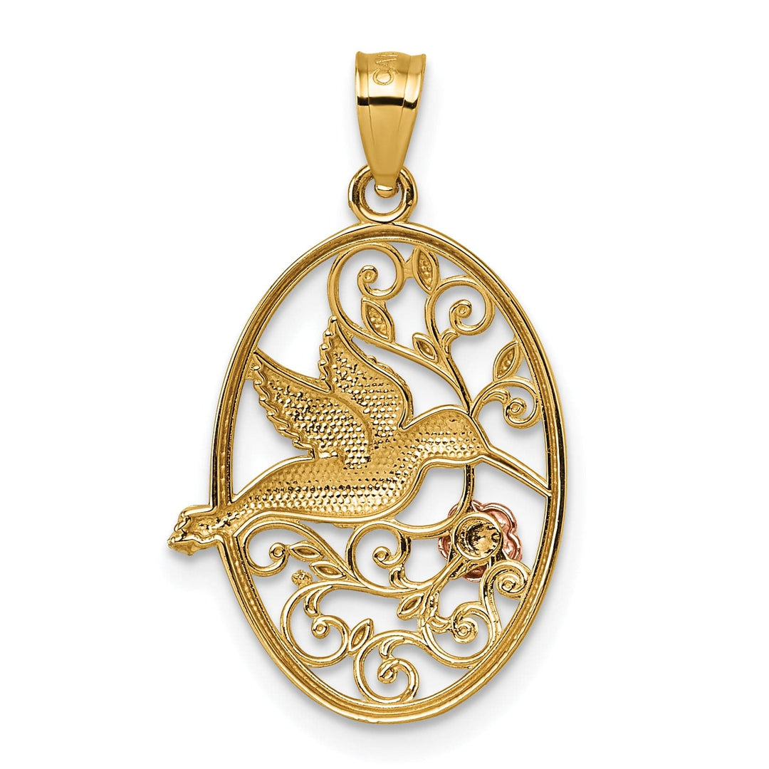 14k TI-Color Gold Hummingbird Flower Filigree Oval Pendant