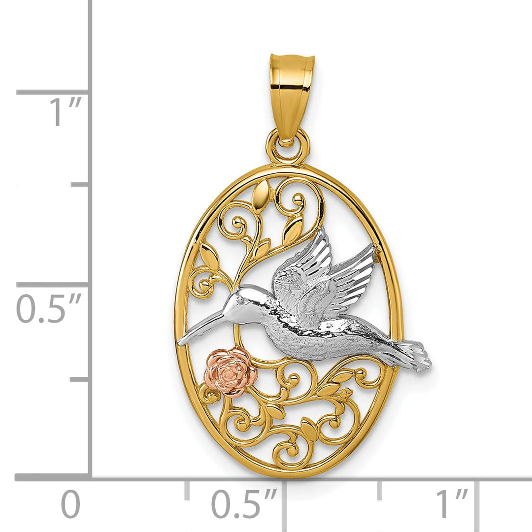 14k TI-Color Gold Hummingbird Flower Filigree Oval Pendant