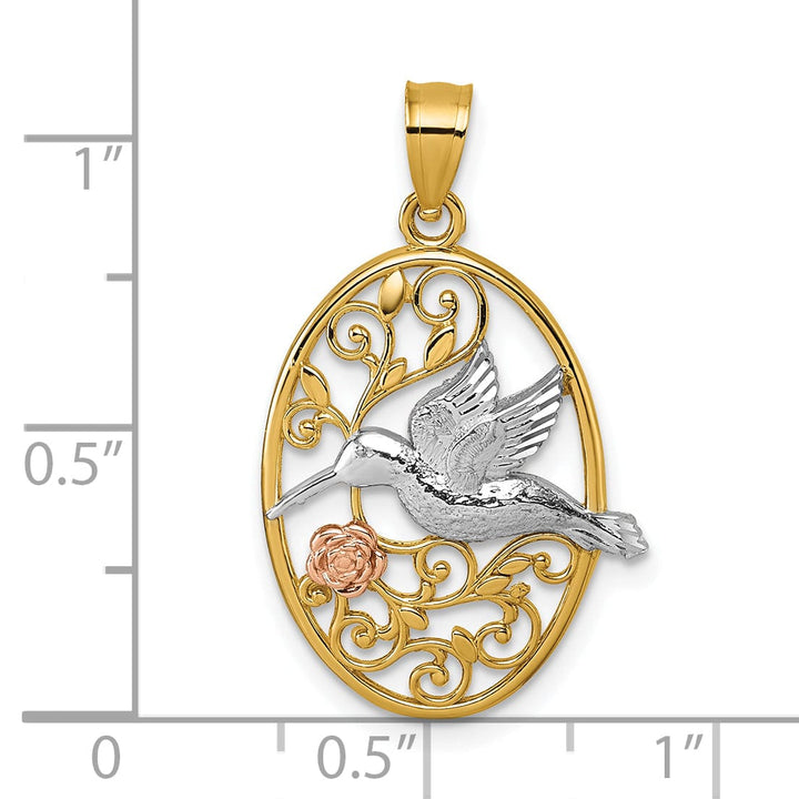 14k TI-Color Gold Hummingbird Flower Filigree Oval Pendant