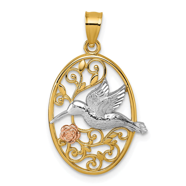 14k TI-Color Gold Hummingbird Flower Filigree Oval Pendant