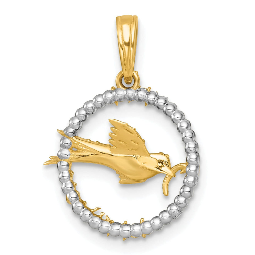 14k Two Tone Gold Flying Bird In Circle with Stars Design Pendant
