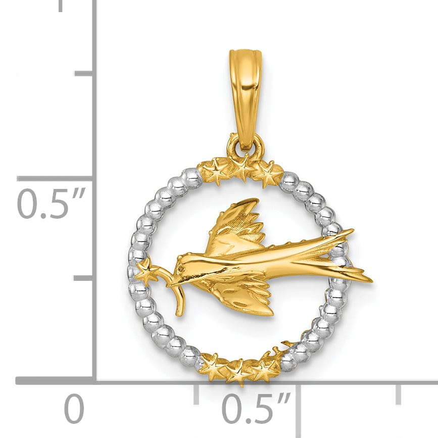 14k Two Tone Gold Flying Bird In Circle with Stars Design Pendant