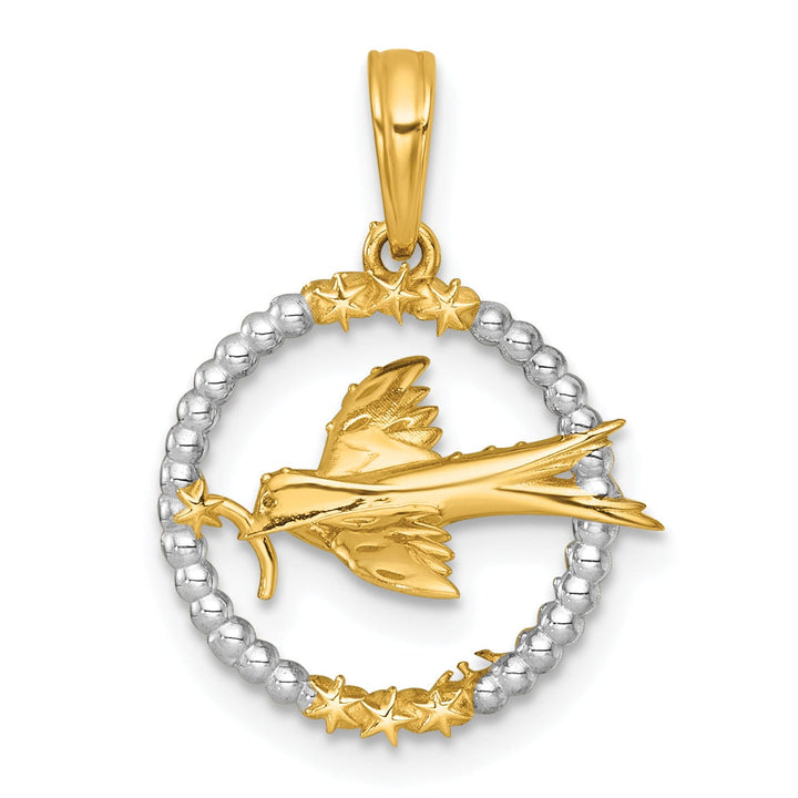 14k Two Tone Gold Flying Bird In Circle with Stars Design Pendant