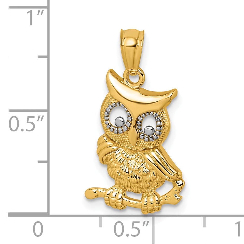 14k Two Tone Gold Polished Textured Finish Owl Pendant