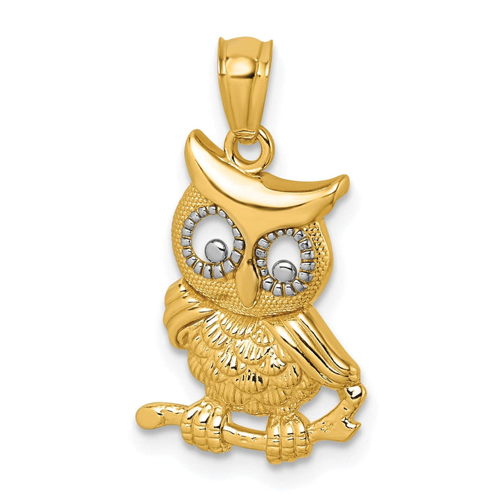 14k Two Tone Gold Polished Textured Finish Owl Pendant