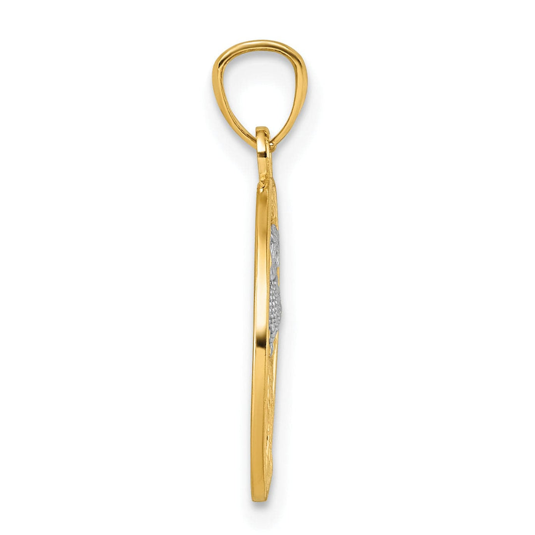 14k Two Tone Gold Owl Sitting In Tree In Circle Design Pendant