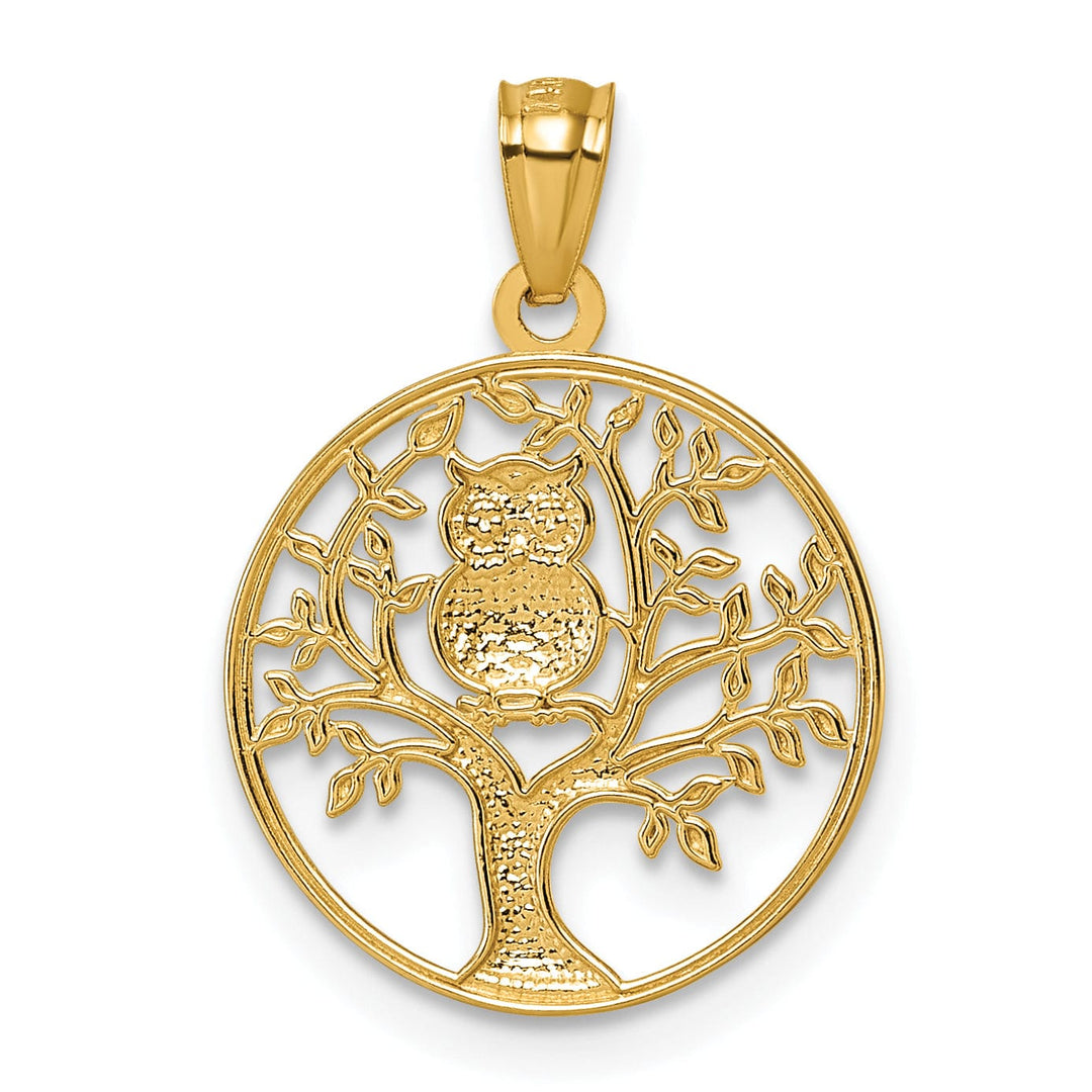 14k Two Tone Gold Owl Sitting In Tree In Circle Design Pendant
