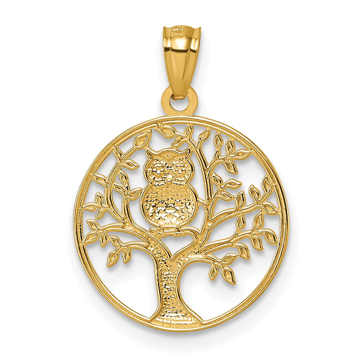 14k Two Tone Gold Owl Sitting In Tree In Circle Design Pendant