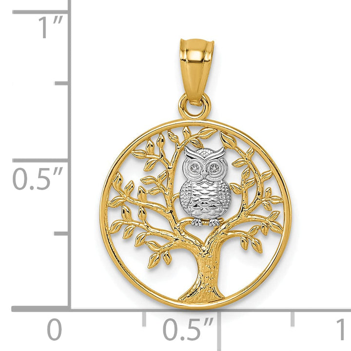 14k Two Tone Gold Owl Sitting In Tree In Circle Design Pendant