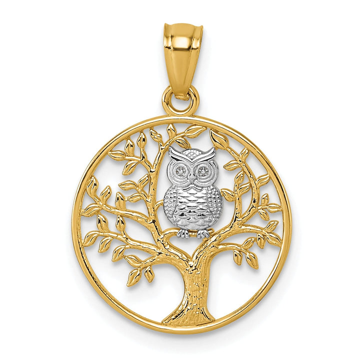 14k Two Tone Gold Owl Sitting In Tree In Circle Design Pendant