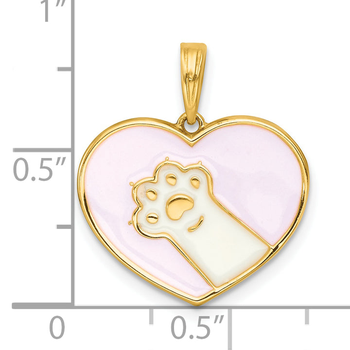 14k Yellow Gold White Enamel Paw In Pink Heart Design Pendant