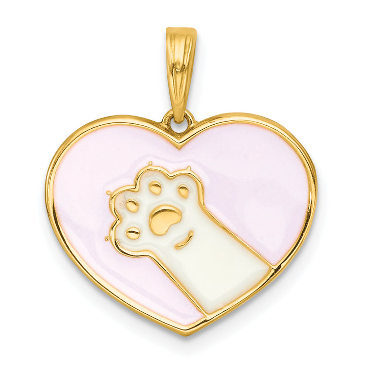 14k Yellow Gold White Enamel Paw In Pink Heart Design Pendant