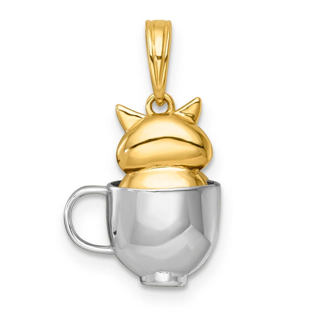 14k Two Tone Gold Polished 3-D Cat In Mug Charm Pendant