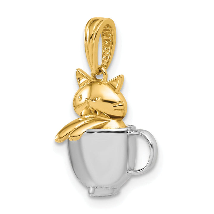 14k Two Tone Gold Polished 3-D Cat In Mug Charm Pendant
