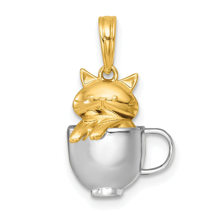 14k Two Tone Gold Polished 3-D Cat In Mug Charm Pendant