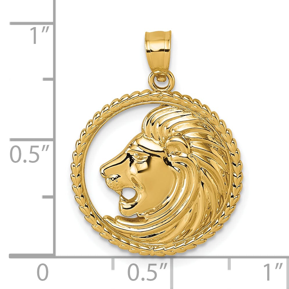 14k Yellow Gold Lion with Mane in Circle Design Pendant