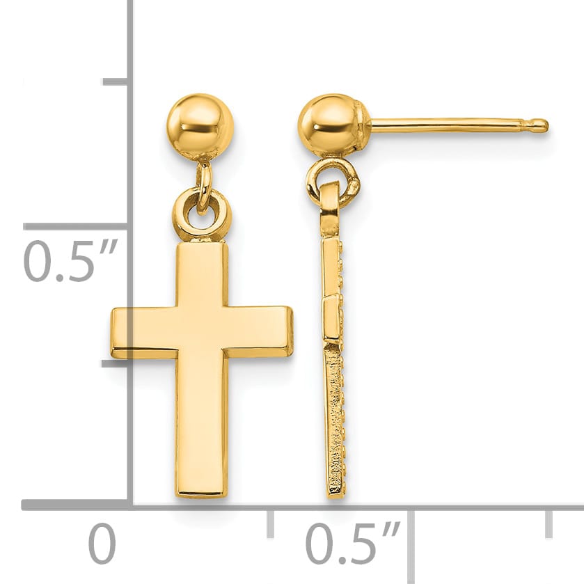 14K Yellow Gold Polished Cross Dangle Post Earrings