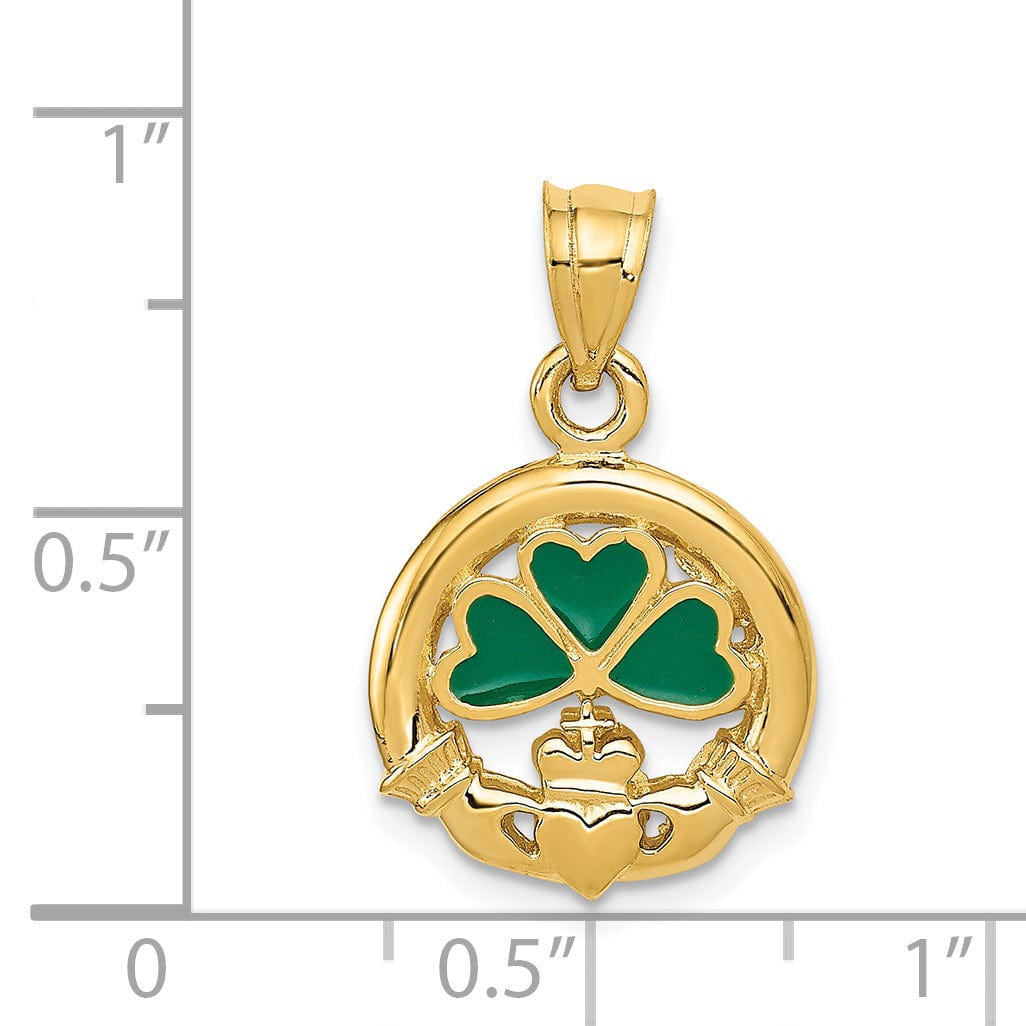 14k Yellow Gold Green Enameled Claddagh Pendant