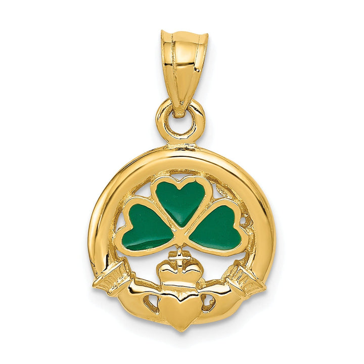 14k Yellow Gold Green Enameled Claddagh Pendant