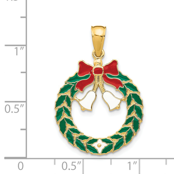 14k Yellow Gold Enameled Christmas Wreath with Bells Pendant