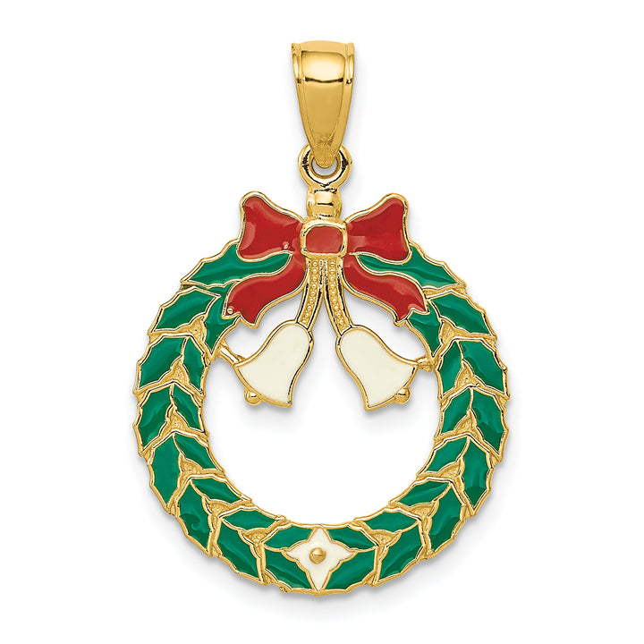 14k Yellow Gold Enameled Christmas Wreath with Bells Pendant