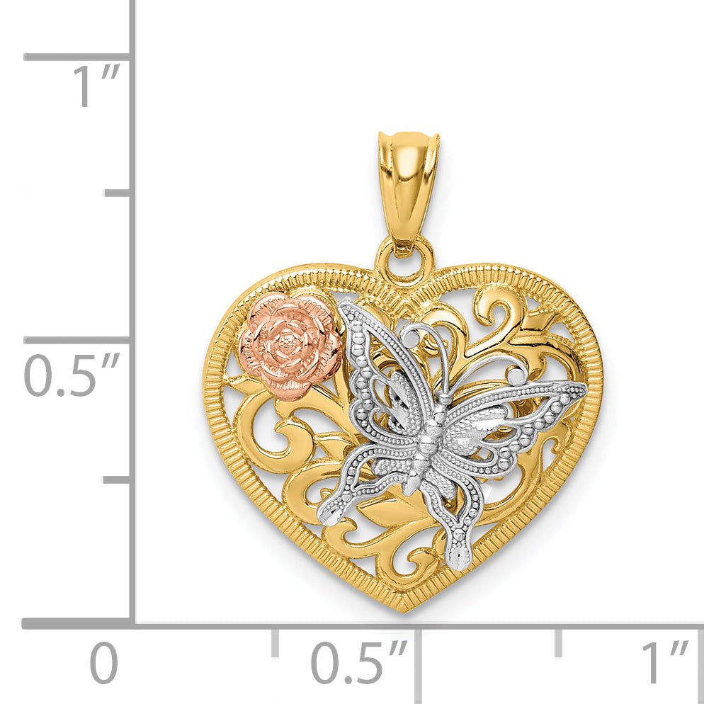 14k Tri-Color Gold Butterfly Heart Shape Design Pendant