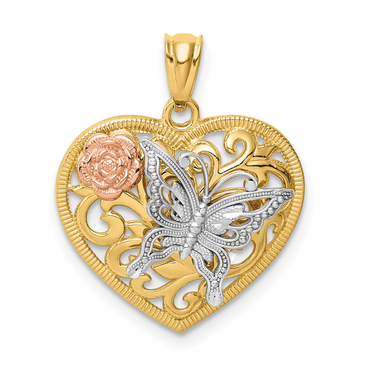 14k Tri-Color Gold Butterfly Heart Shape Design Pendant