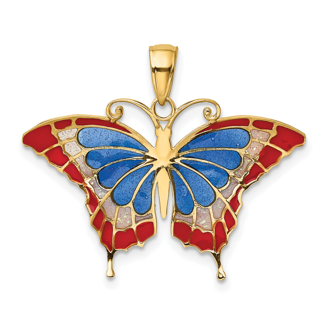 14K Yellow Gold Blue Red Enameled Butterfly Pendant