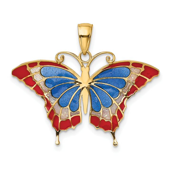 14K Yellow Gold Blue Red Enameled Butterfly Pendant