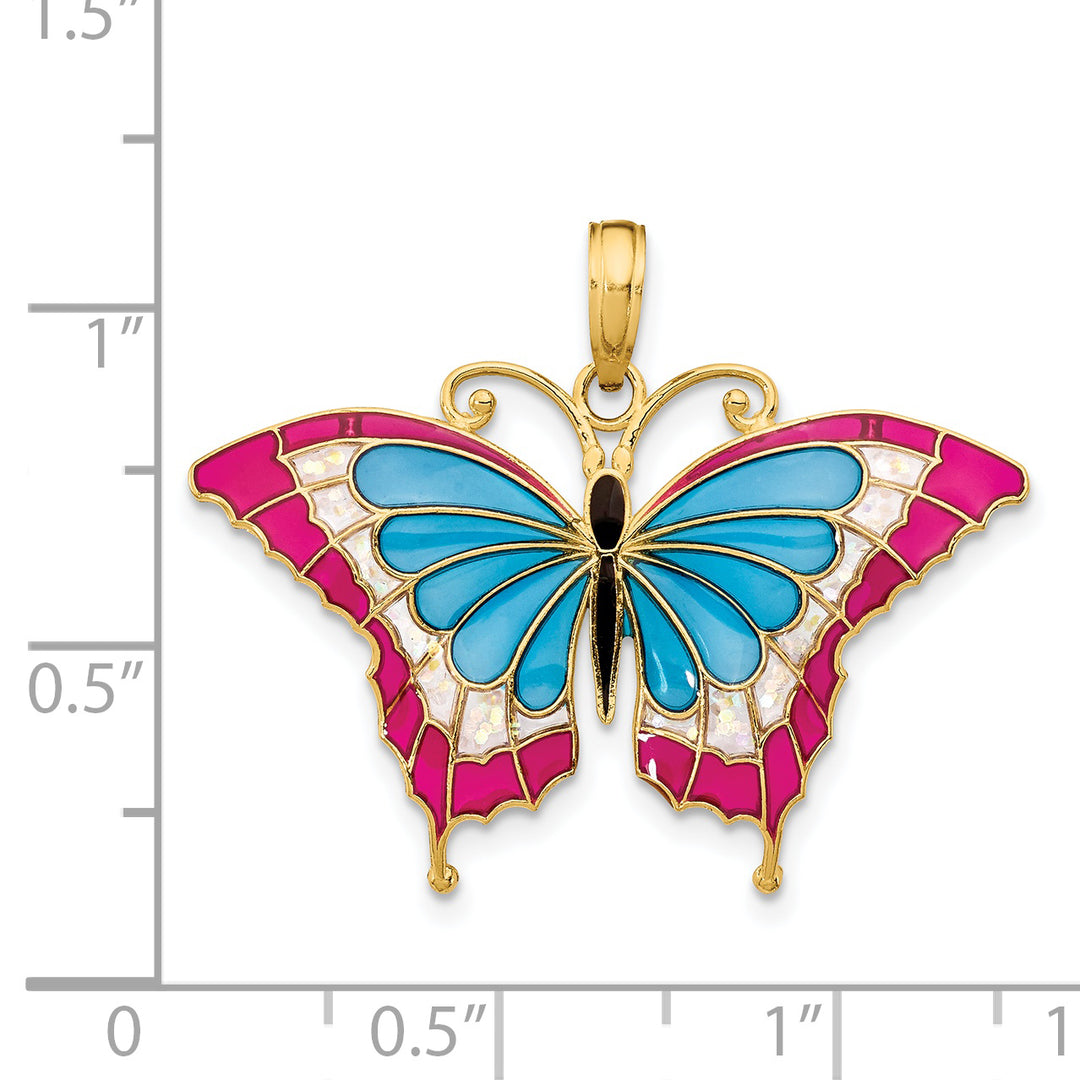 14K Yellow Gold Blue Red Enameled Butterfly Pendant