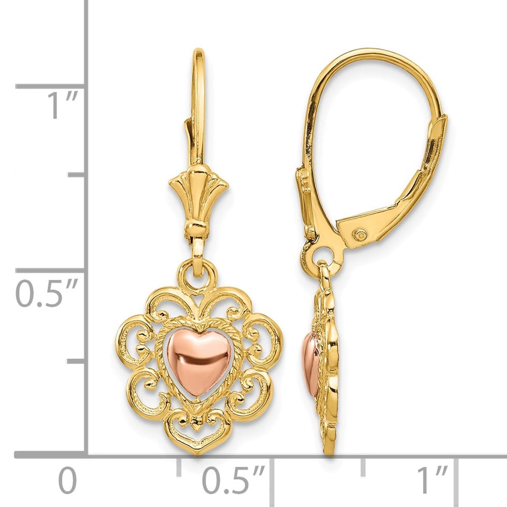 14K Two-Tone Gold Two-tone Heart with Lace Trim Leverback Earrings, view 4 of 4