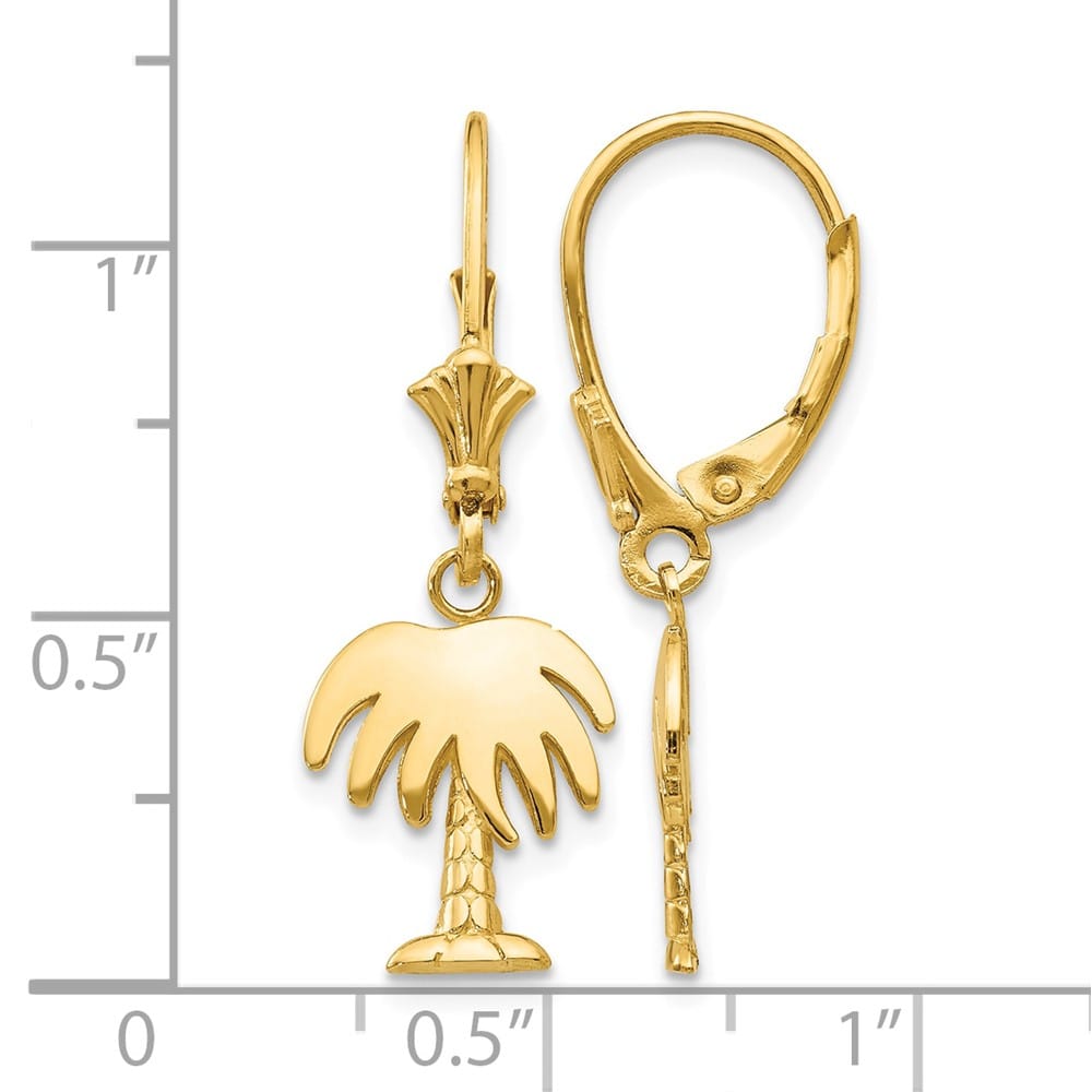 14K Yellow Gold Polished Palm Tree Dangle Leverback Earrings, view 4 of 4