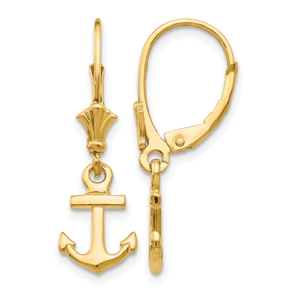 14K Yellow Gold Mini Anchor Dangle Leverback Earrings, view 1 of 4