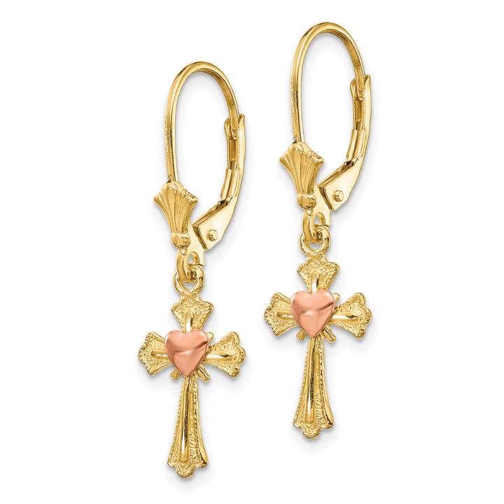 14K Two-Tone Gold Heart on Cross Dangle Leverback Earrings